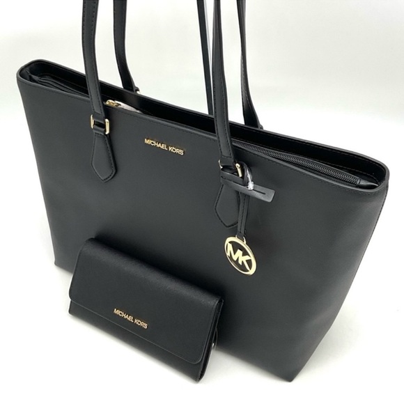 Michael Kors Bag Large Sheila Mf Tote Bag & Large Trifold Wallet Black/Gold - Picture 11 of 14